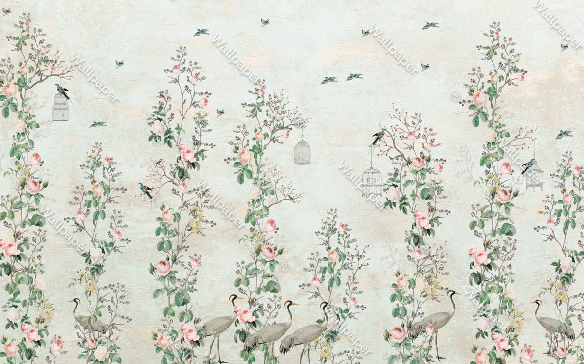 Birds On Blossom Wallpaper : Pale Rose Branch Mural - flat design