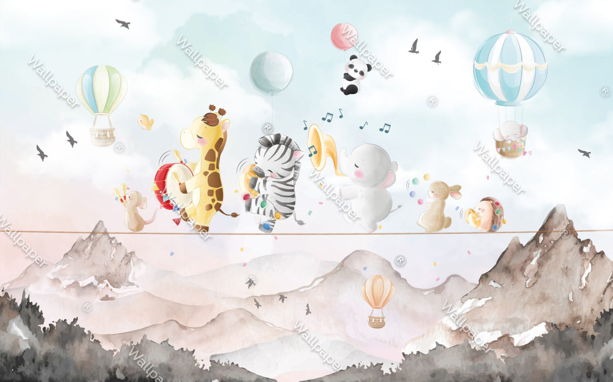 Cute Animal Parade Wallpaper : Pastel Kids Mural - flat design