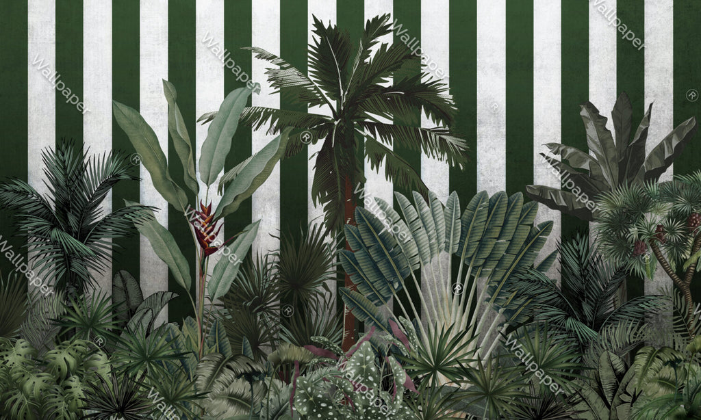 Striped Tropical Jungle Wallpaper : Green Stripes Mural - flat design