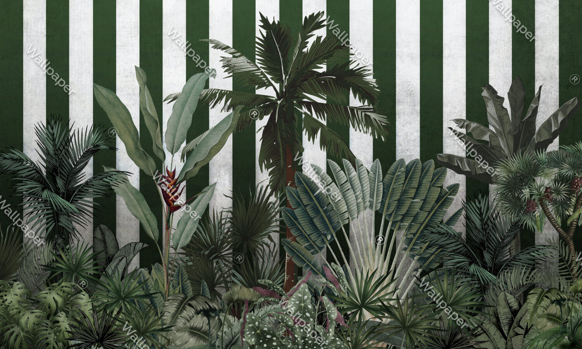 Striped Tropical Jungle Wallpaper : Green Stripes Mural - flat design
