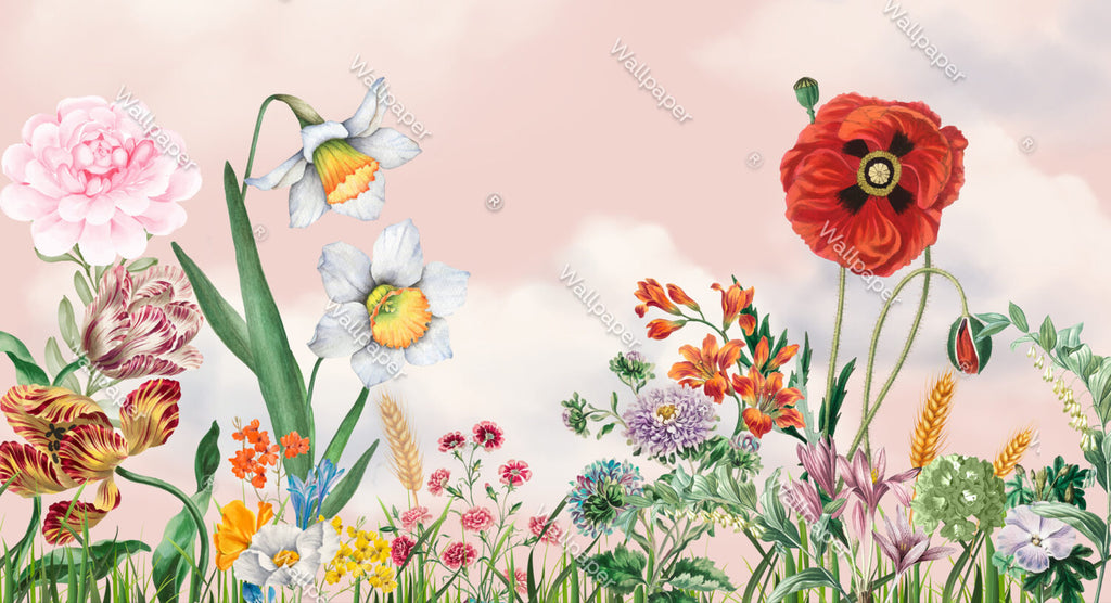 Wildflower Meadow Wallpaper : Pink Sky Floral Mural - flat design