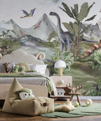 Lakeside Dinosaurs Wallpaper : Watercolor Prehistoric Mural