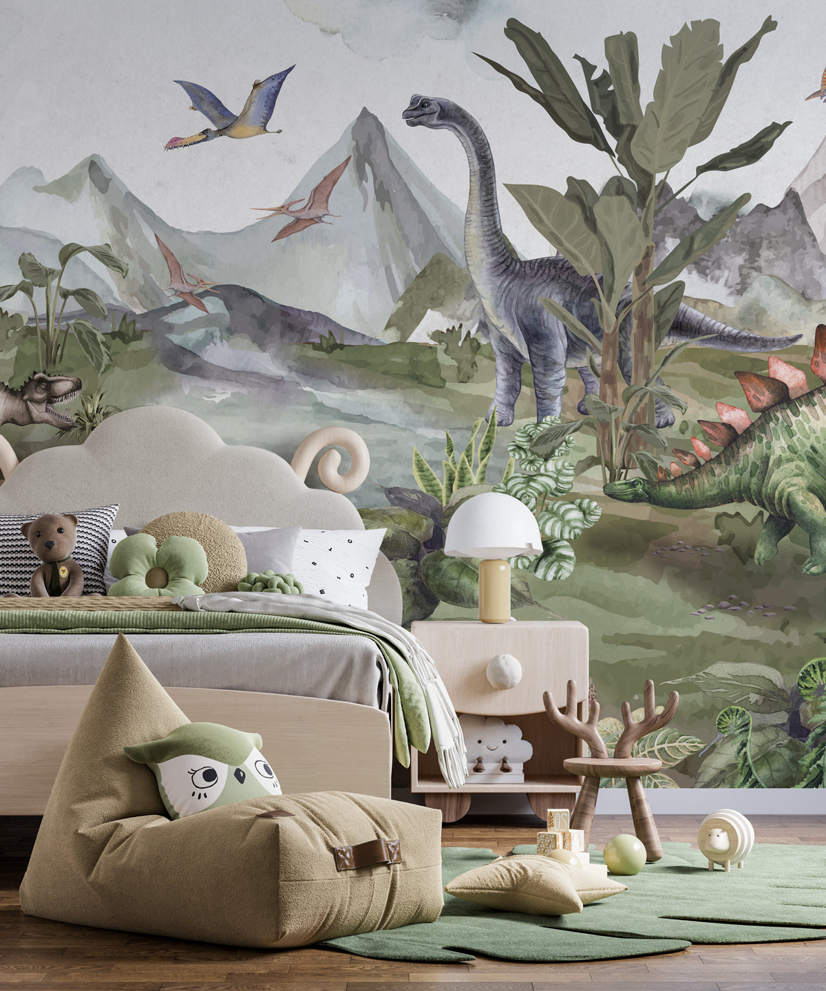 Lakeside Dinosaurs Wallpaper : Watercolor Prehistoric Mural