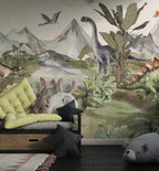 Lakeside Dinosaurs Wallpaper : Watercolor Prehistoric Mural - View 5
