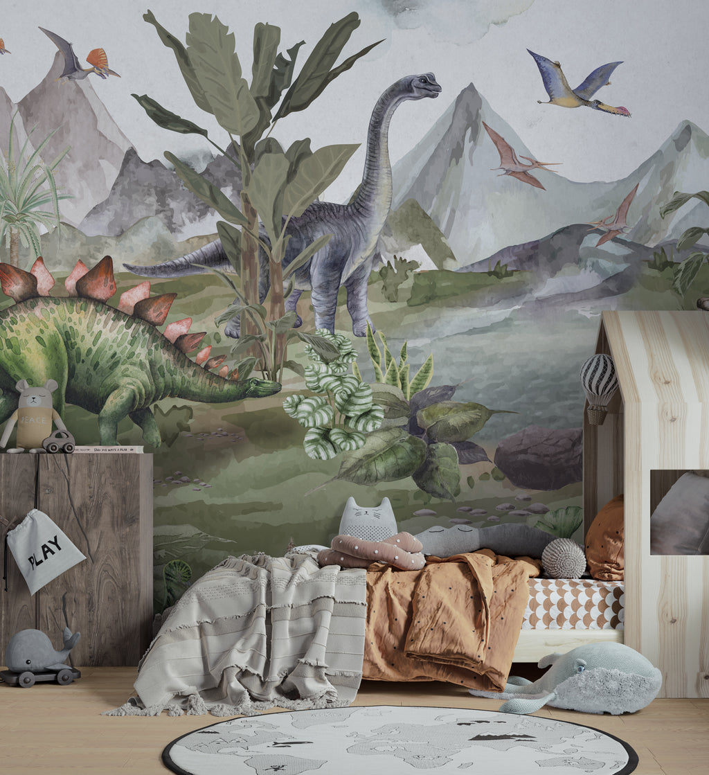 Lakeside Dinosaurs Wallpaper : Watercolor Prehistoric Mural - View 4