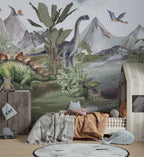 Lakeside Dinosaurs Wallpaper : Watercolor Prehistoric Mural - View 4
