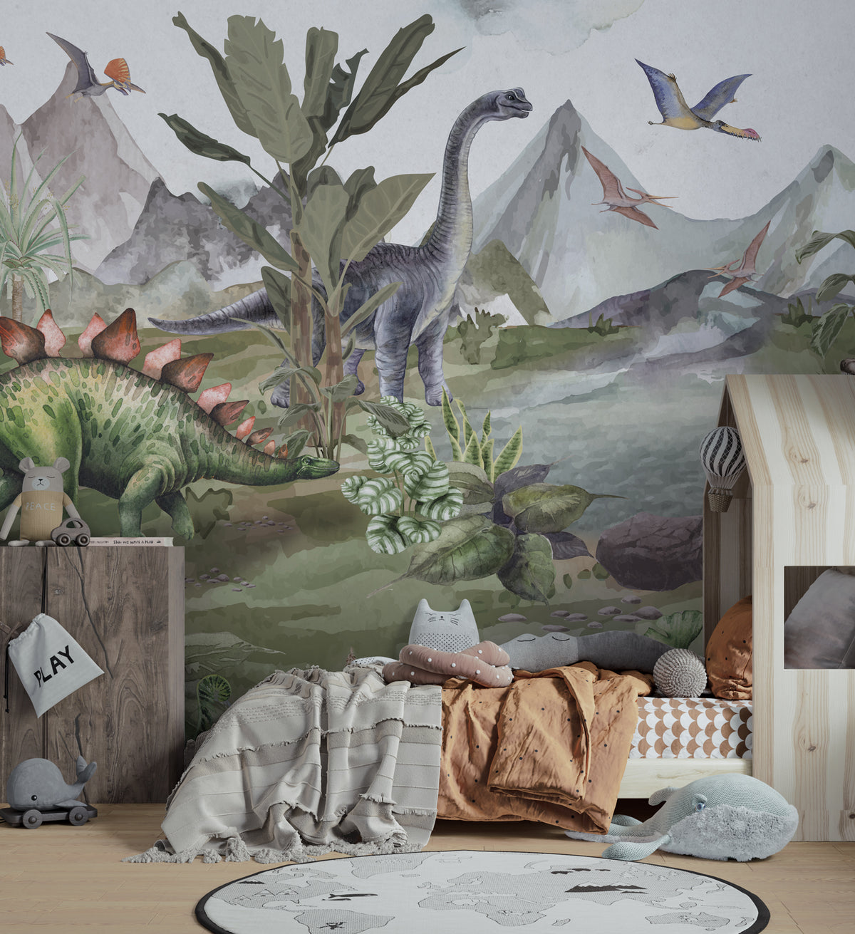 Lakeside Dinosaurs Wallpaper : Watercolor Prehistoric Mural - View 4