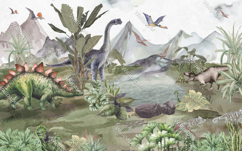 Lakeside Dinosaurs Wallpaper : Watercolor Prehistoric Mural - flat design