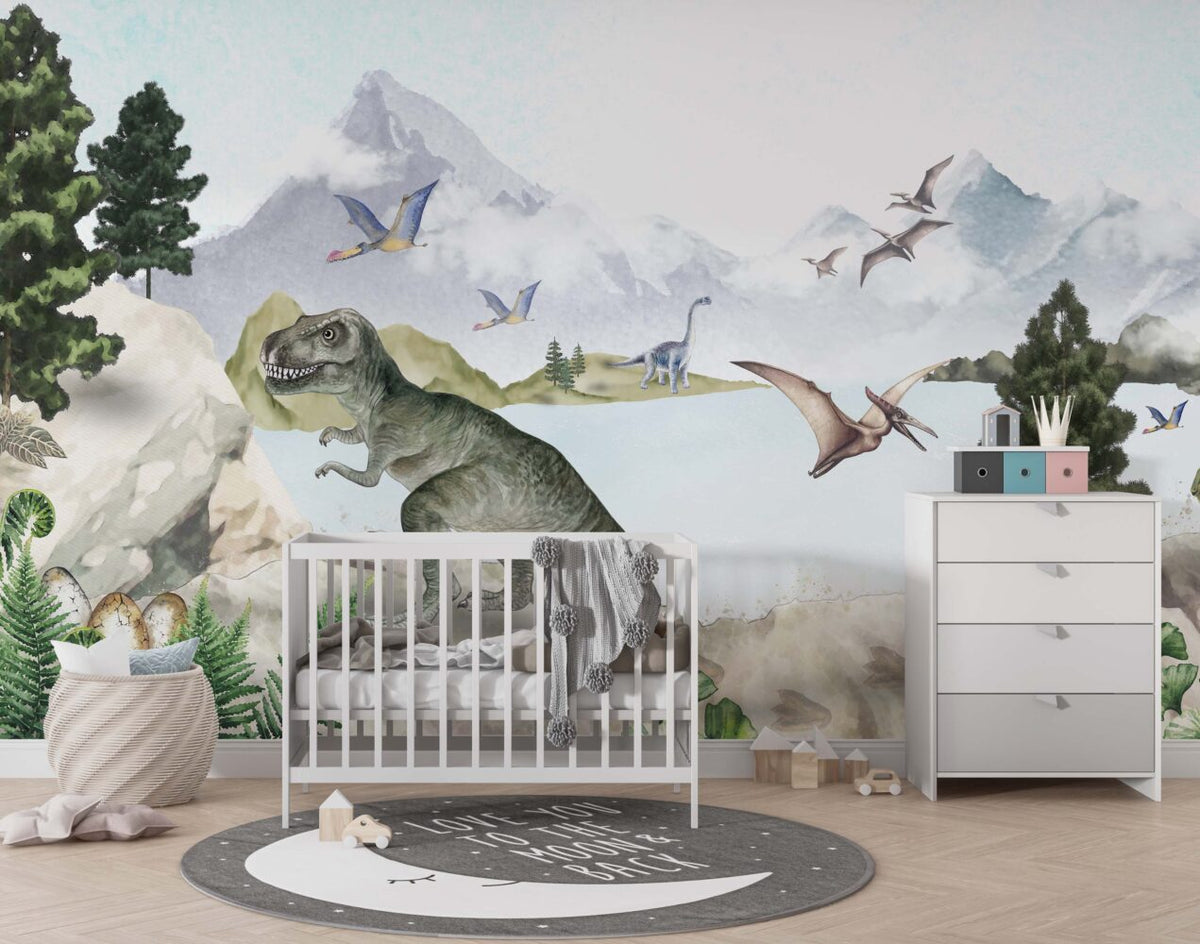 Dinosaur Lake Wallpaper : Pastel Prehistoric Kids Mural - View 2