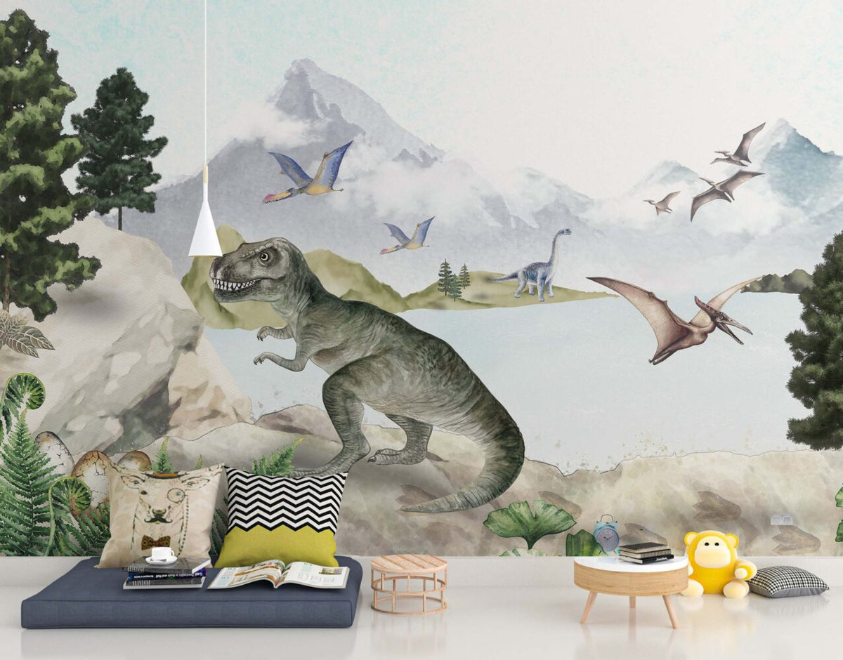 Dinosaur Lake Wallpaper : Pastel Prehistoric Kids Mural - View 3