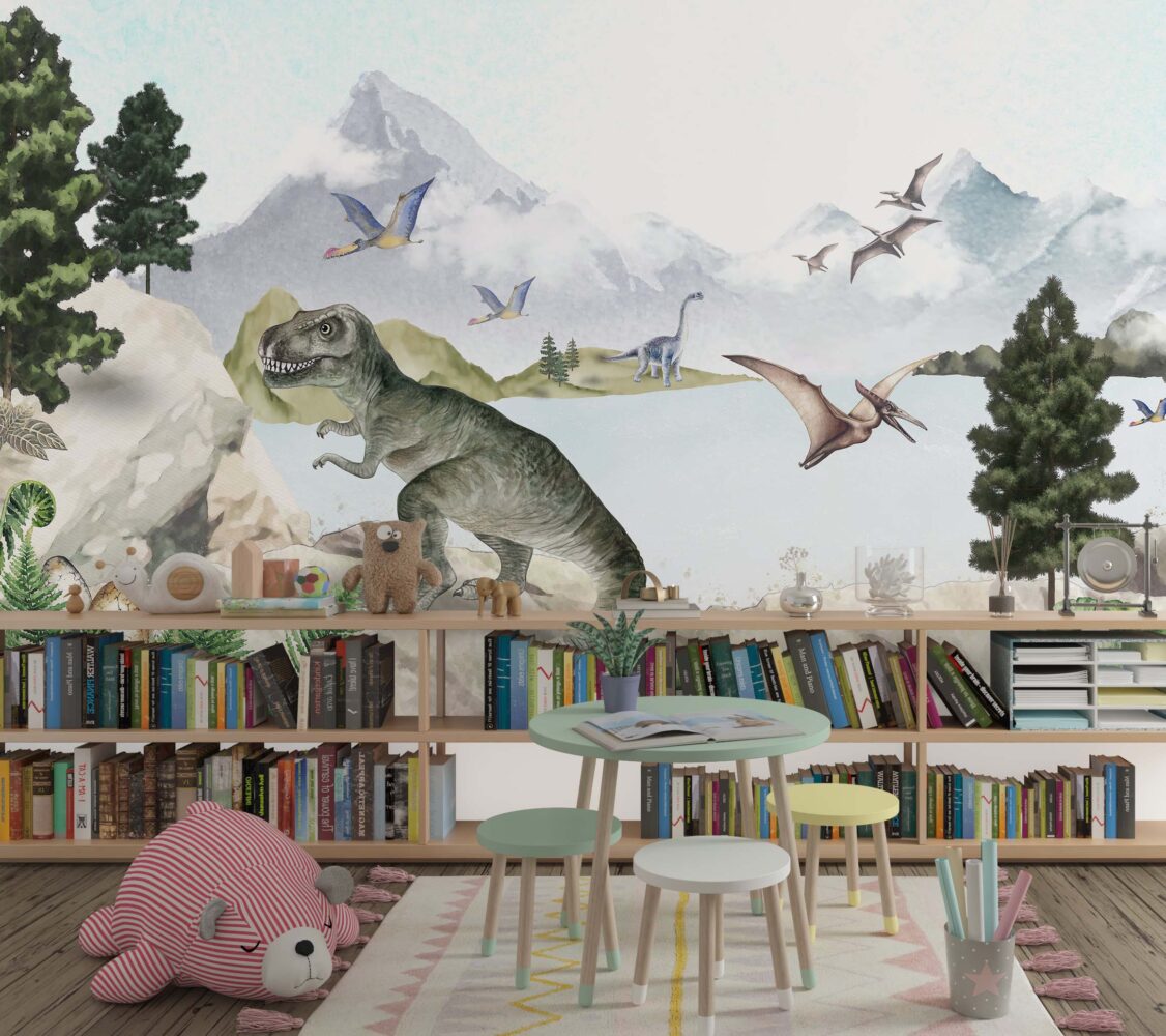 Dinosaur Lake Wallpaper : Pastel Prehistoric Kids Mural