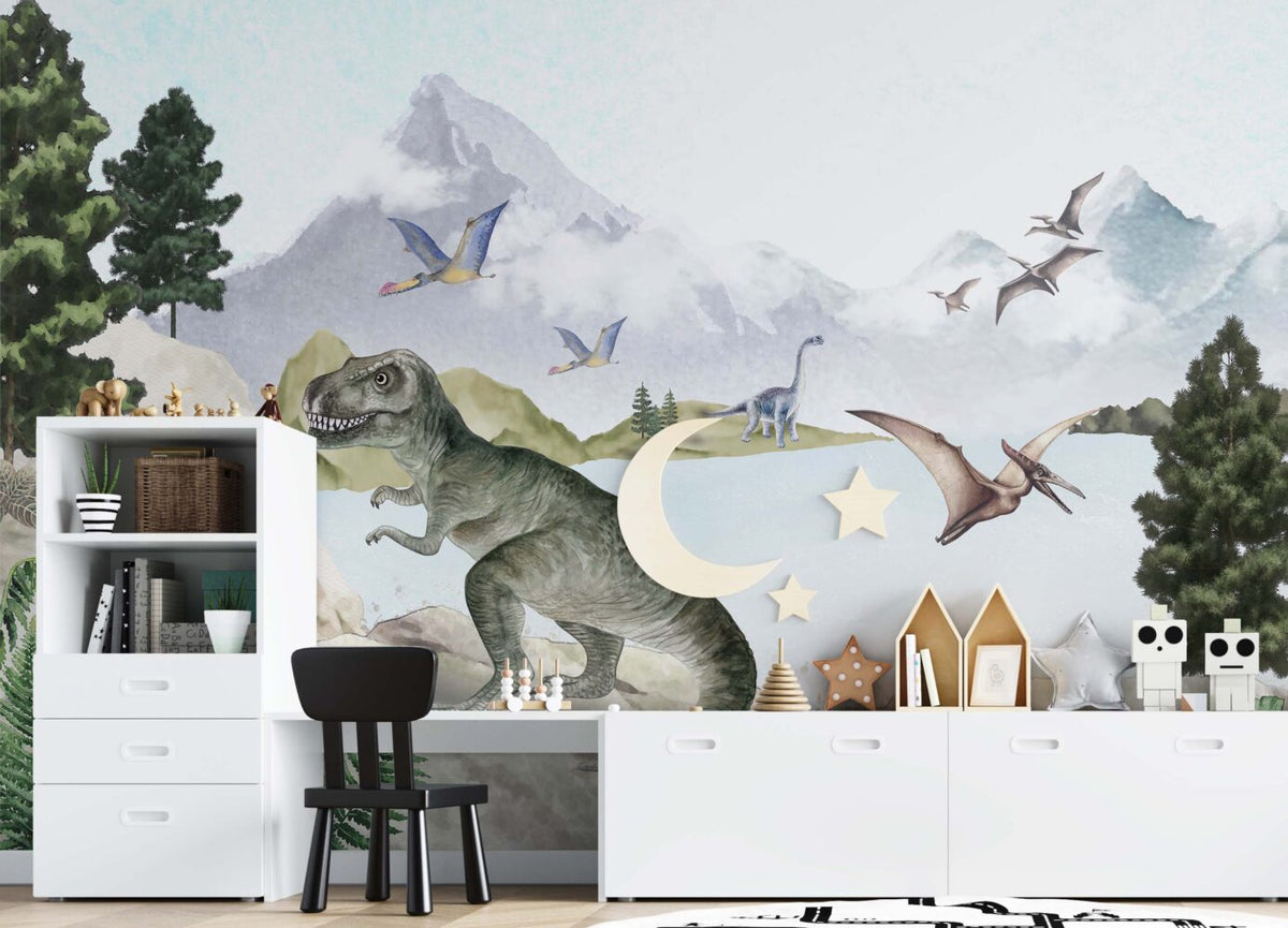 Dinosaur Lake Wallpaper : Pastel Prehistoric Kids Mural - View 4