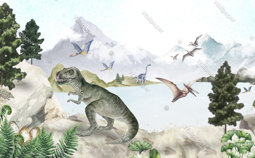 Dinosaur Lake Wallpaper : Pastel Prehistoric Kids Mural - flat design