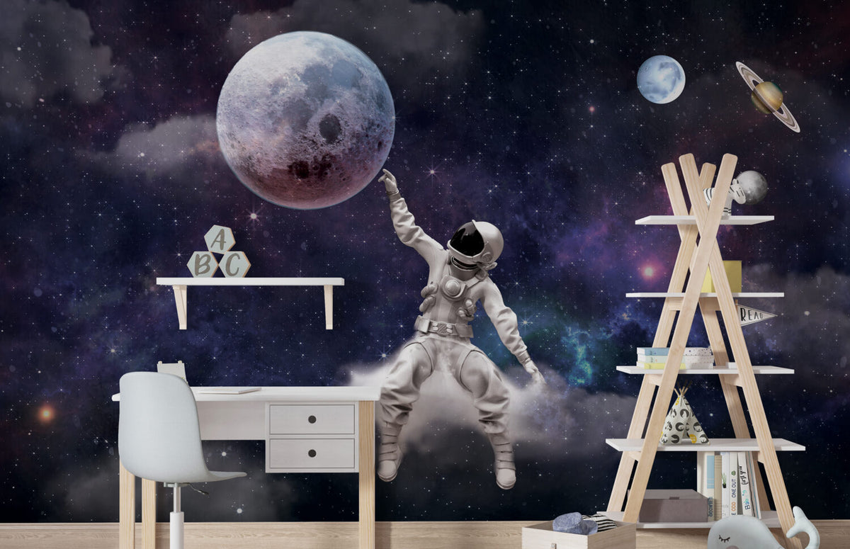 Purple Galaxy Astronaut Wallpaper : Floating Spaceman and Moon Mural - View 4