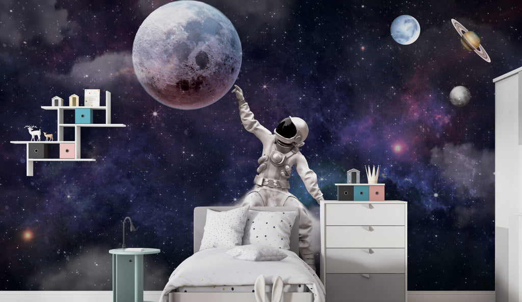 Purple Galaxy Astronaut Wallpaper : Floating Spaceman and Moon Mural