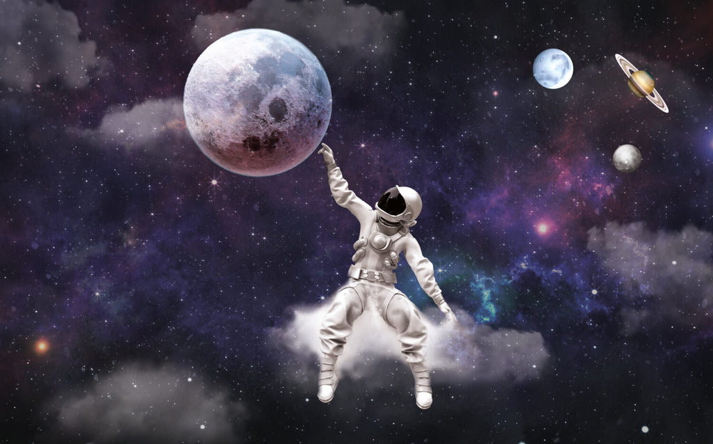 Purple Galaxy Astronaut Wallpaper : Floating Spaceman and Moon Mural - View 2