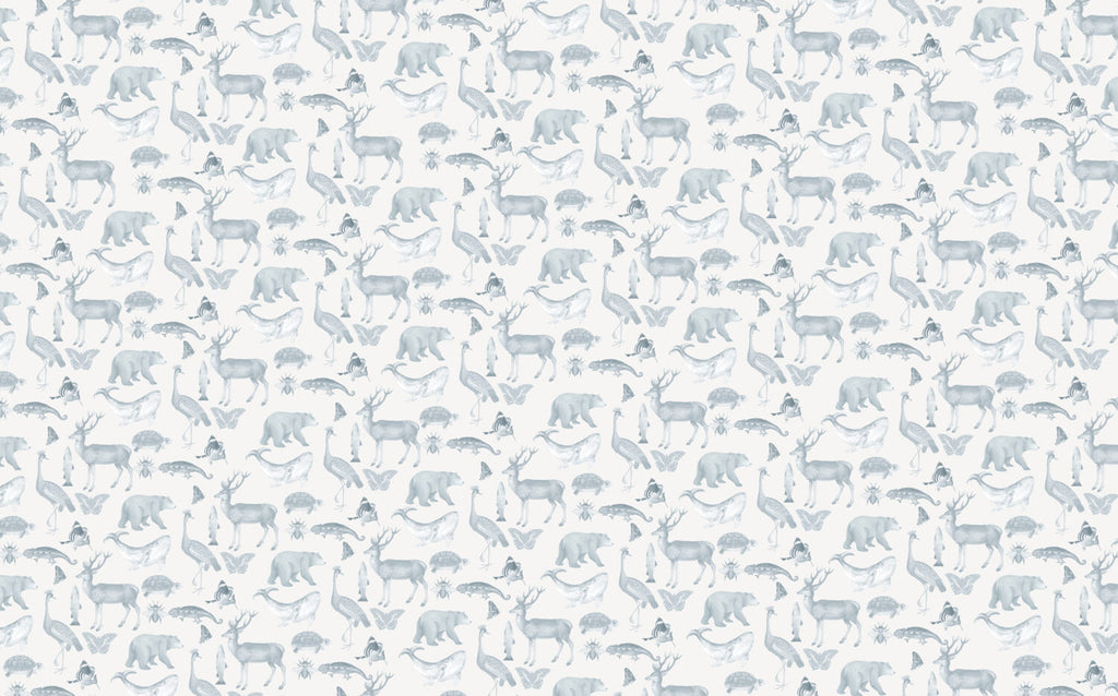 Soft Blue Animal Kingdom Wallpaper : Watercolor Wildlife Pattern - View 2