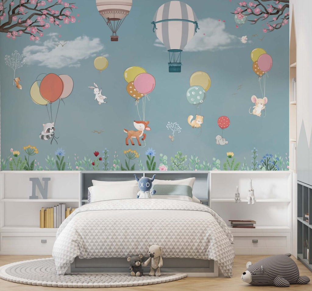Turquoise Balloon Animals Wallpaper : Blossom Meadow Nursery Mural