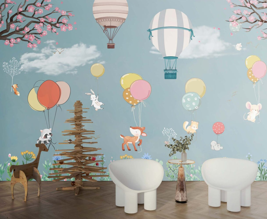 Turquoise Balloon Animals Wallpaper : Blossom Meadow Nursery Mural - View 2