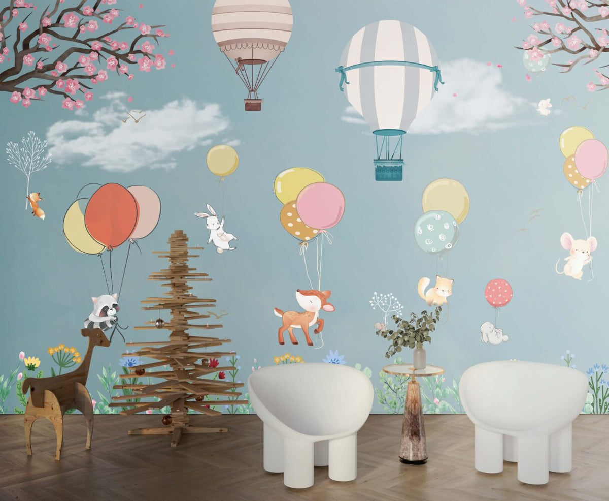 Turquoise Balloon Animals Wallpaper : Blossom Meadow Nursery Mural - View 2