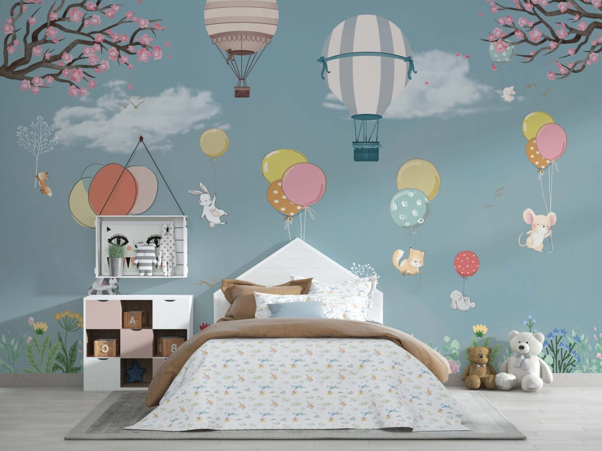 Turquoise Balloon Animals Wallpaper : Blossom Meadow Nursery Mural - View 3