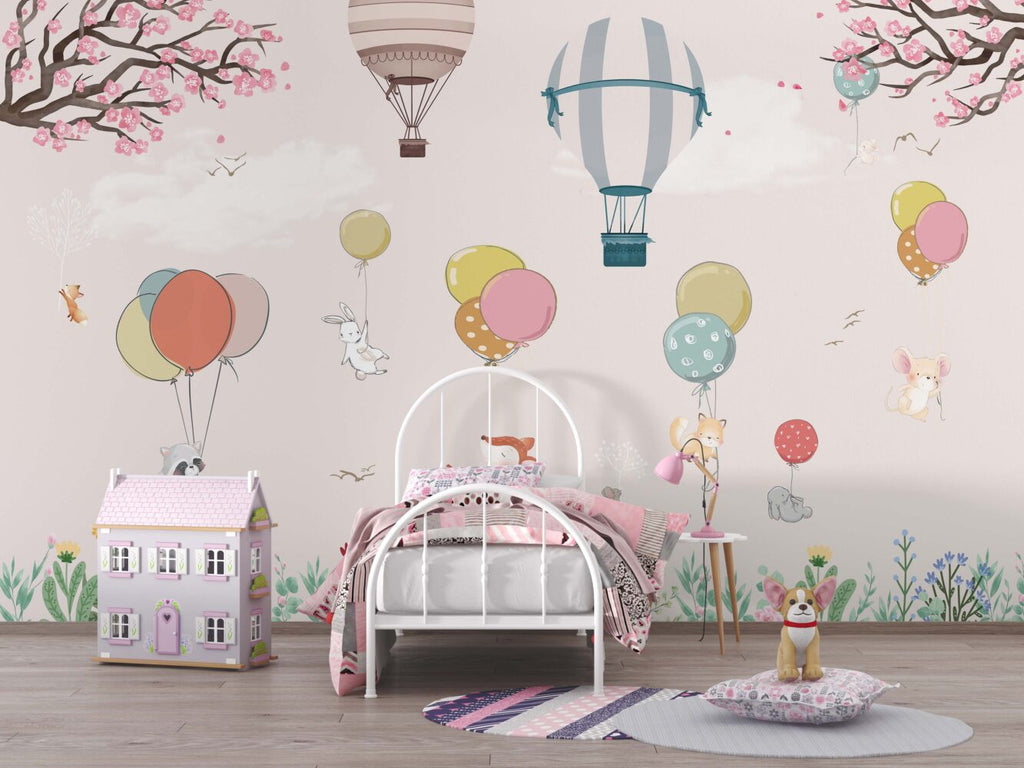 Blush Balloon Animals Wallpaper : Pink Meadow Nursery Mural - View 2