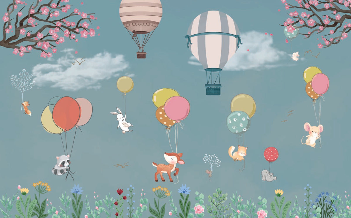 Turquoise Balloon Animals Wallpaper : Blossom Meadow Nursery Mural - flat design