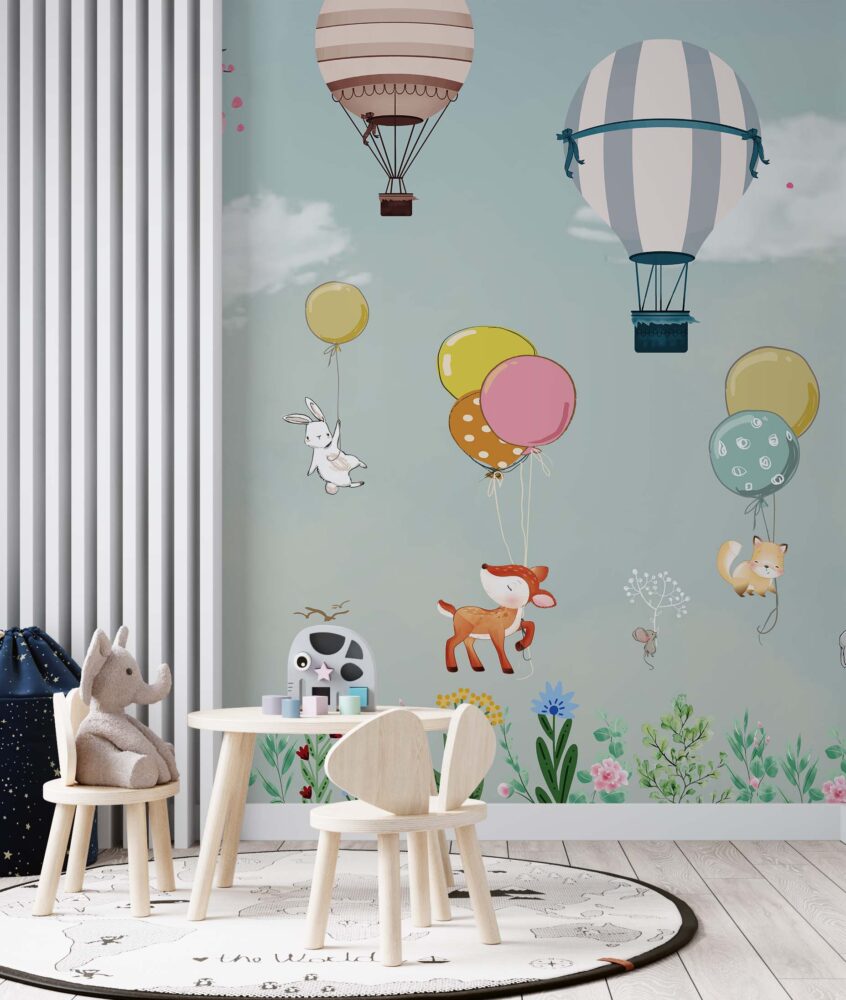 Mint Balloon Animals Wallpaper : Soft Meadow Nursery Mural - View 2