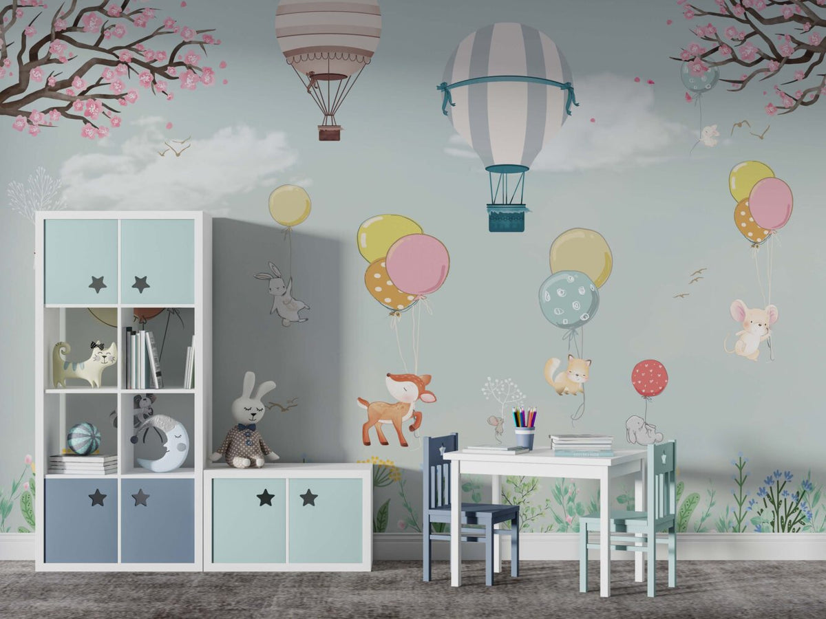 Mint Balloon Animals Wallpaper : Soft Meadow Nursery Mural