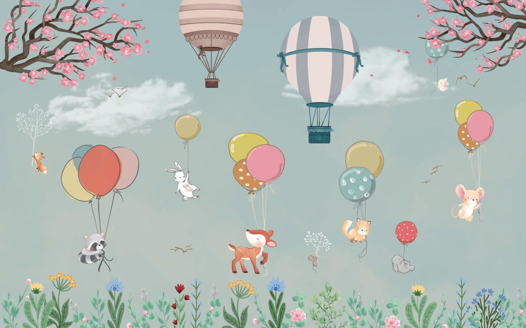 Mint Balloon Animals Wallpaper : Soft Meadow Nursery Mural - flat design