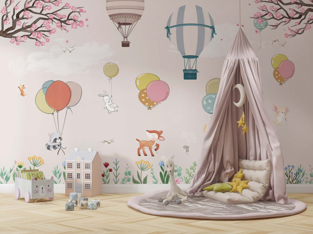 Blush Balloon Animals Wallpaper : Pink Meadow Nursery Mural