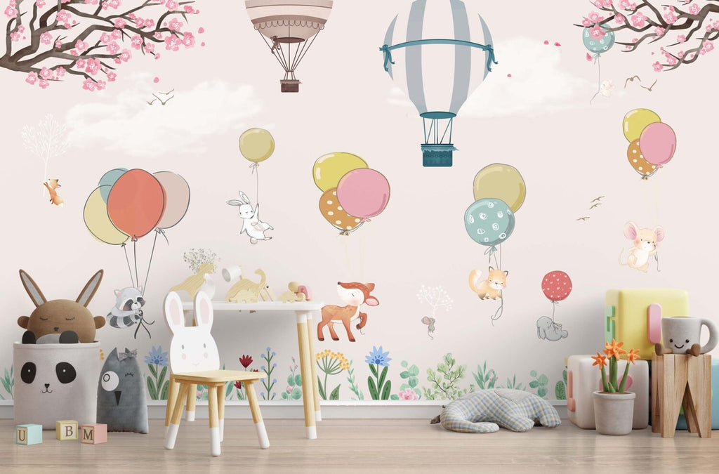 Blush Balloon Animals Wallpaper : Pink Meadow Nursery Mural - View 3