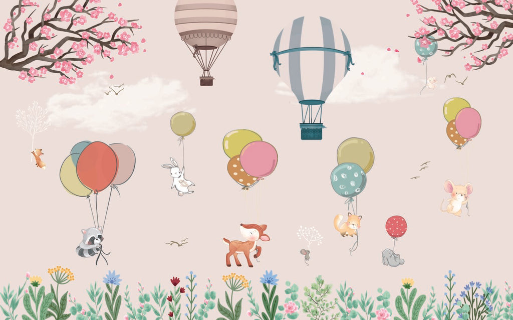 Blush Balloon Animals Wallpaper : Pink Meadow Nursery Mural - flat design