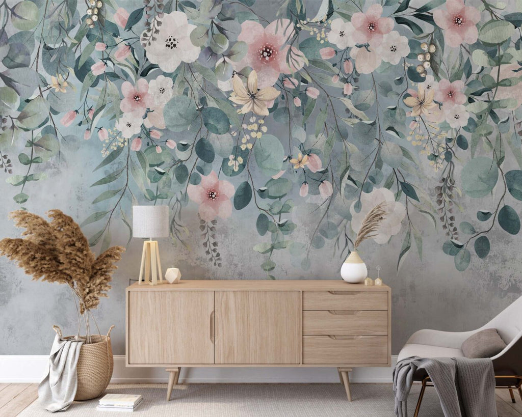 Hanging Eucalyptus Floral Wallpaper : Dusty Blue Watercolor Mural - View 2