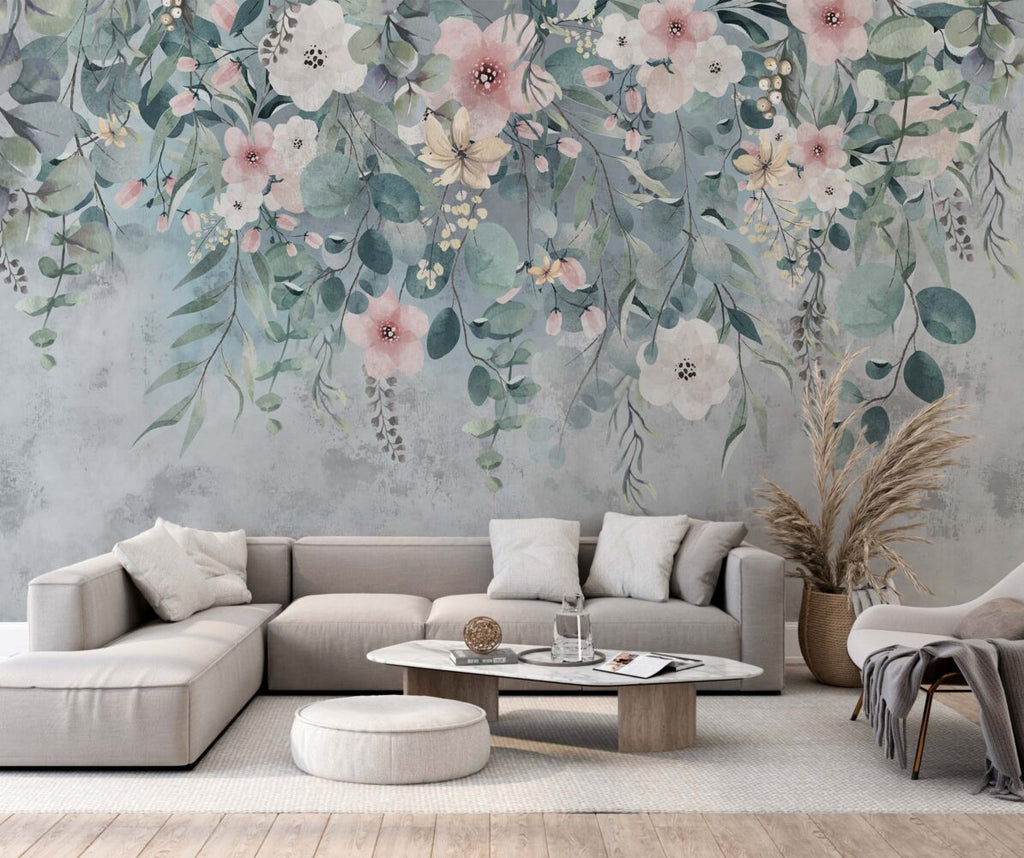 Hanging Eucalyptus Floral Wallpaper : Dusty Blue Watercolor Mural - View 3