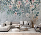 Hanging Eucalyptus Floral Wallpaper : Dusty Blue Watercolor Mural - View 3