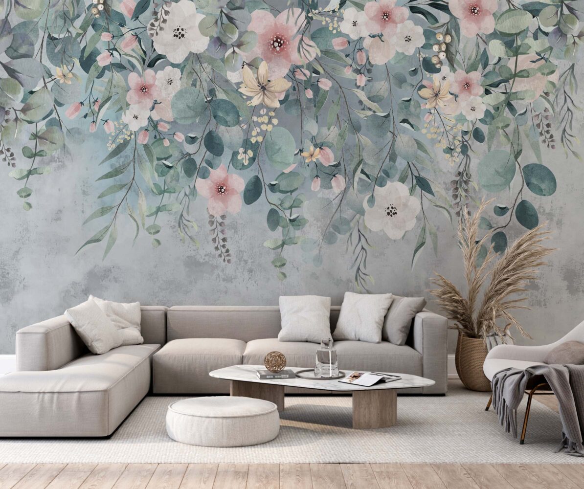 Hanging Eucalyptus Floral Wallpaper : Dusty Blue Watercolor Mural - View 3
