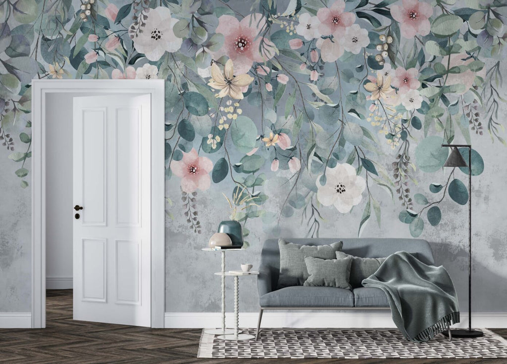 Hanging Eucalyptus Floral Wallpaper : Dusty Blue Watercolor Mural