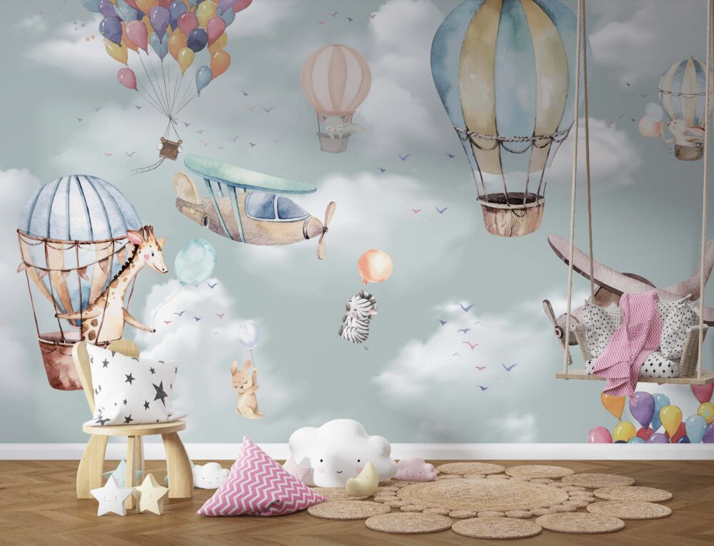 Hot Air Balloon Kids Wallpaper : Giraffe and Airplane Sky Mural - View 3