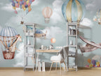 Hot Air Balloon Kids Wallpaper : Giraffe and Airplane Sky Mural - View 4