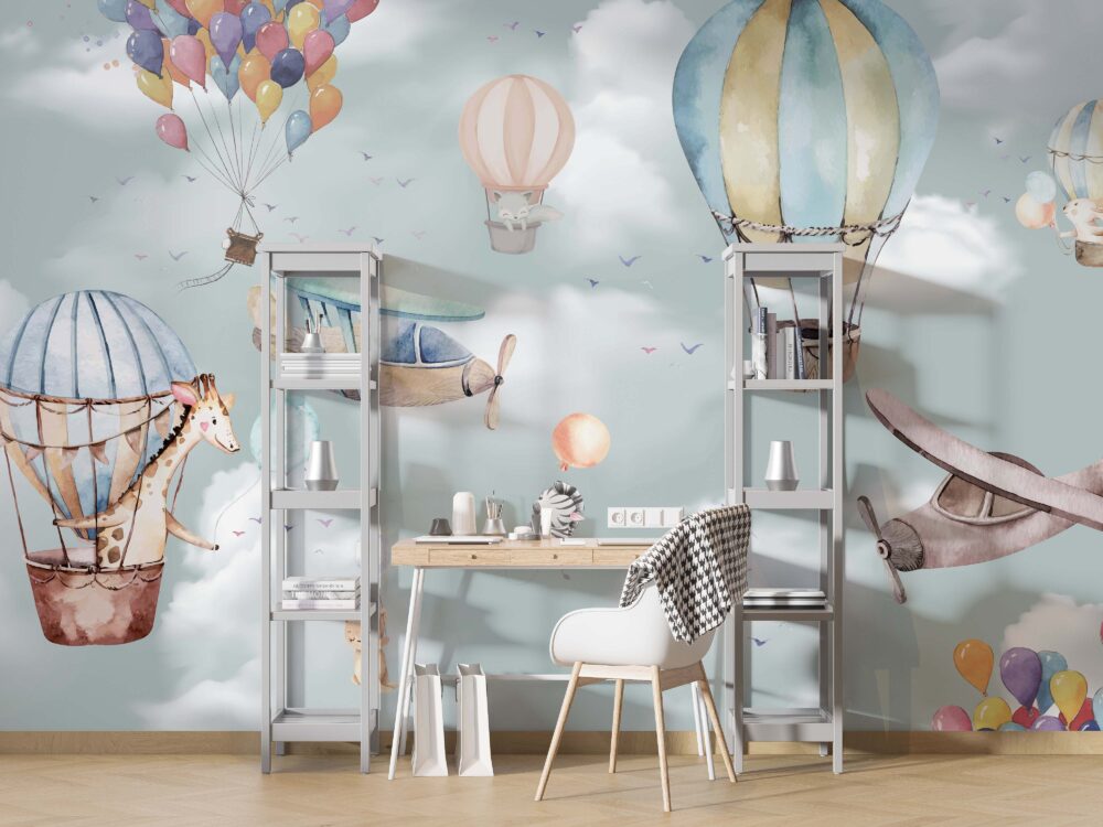Hot Air Balloon Kids Wallpaper : Giraffe and Airplane Sky Mural - View 4