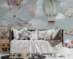 Hot Air Balloon Kids Wallpaper : Giraffe and Airplane Sky Mural - View 6