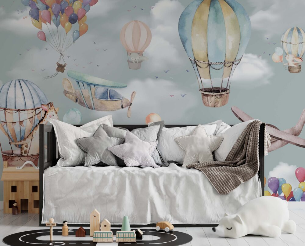 Hot Air Balloon Kids Wallpaper : Giraffe and Airplane Sky Mural - View 6