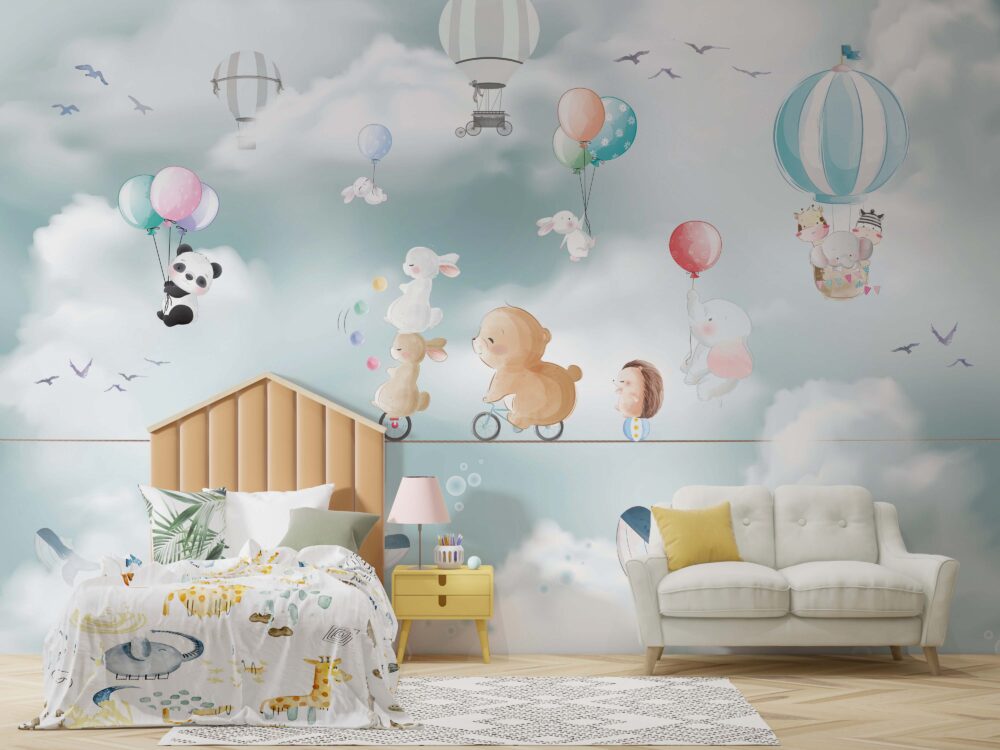 Tightrope Animals Wallpaper : Bunny and Bear Balloon Sky Mural