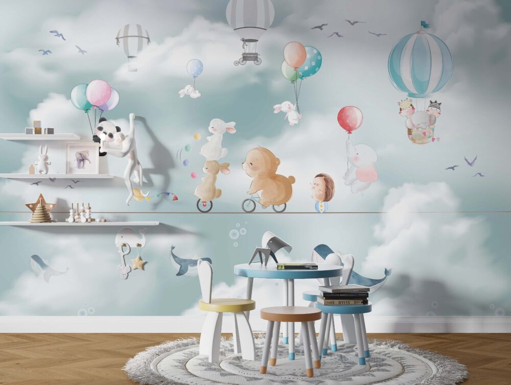 Tightrope Animals Wallpaper : Bunny and Bear Balloon Sky Mural - View 3