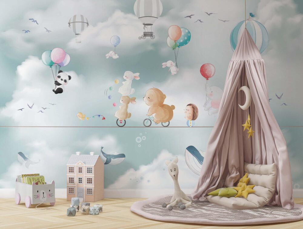 Tightrope Animals Wallpaper : Bunny and Bear Balloon Sky Mural - View 4