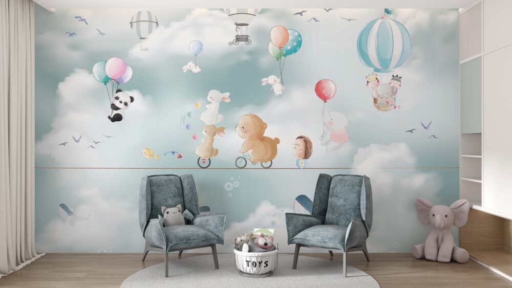 Tightrope Animals Wallpaper : Bunny and Bear Balloon Sky Mural - View 5
