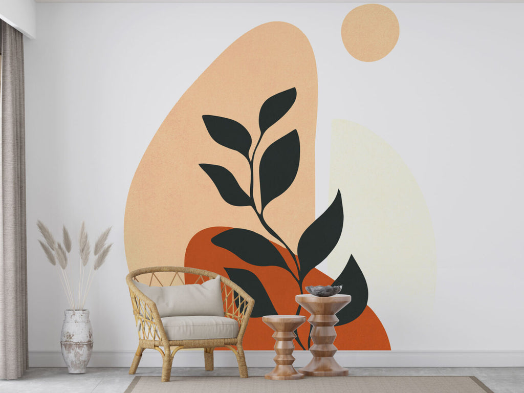 Boho Black Leaf Wallpaper : Peach Abstract Sun Mural - View 3