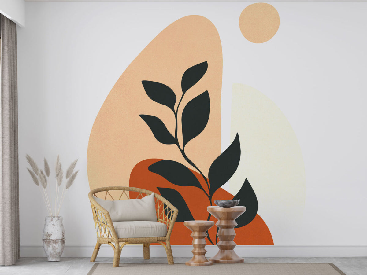 Boho Black Leaf Wallpaper : Peach Abstract Sun Mural - View 3