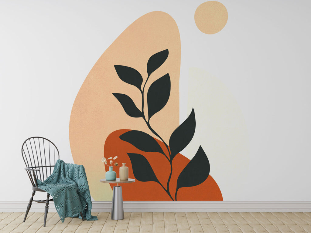 Boho Black Leaf Wallpaper : Peach Abstract Sun Mural